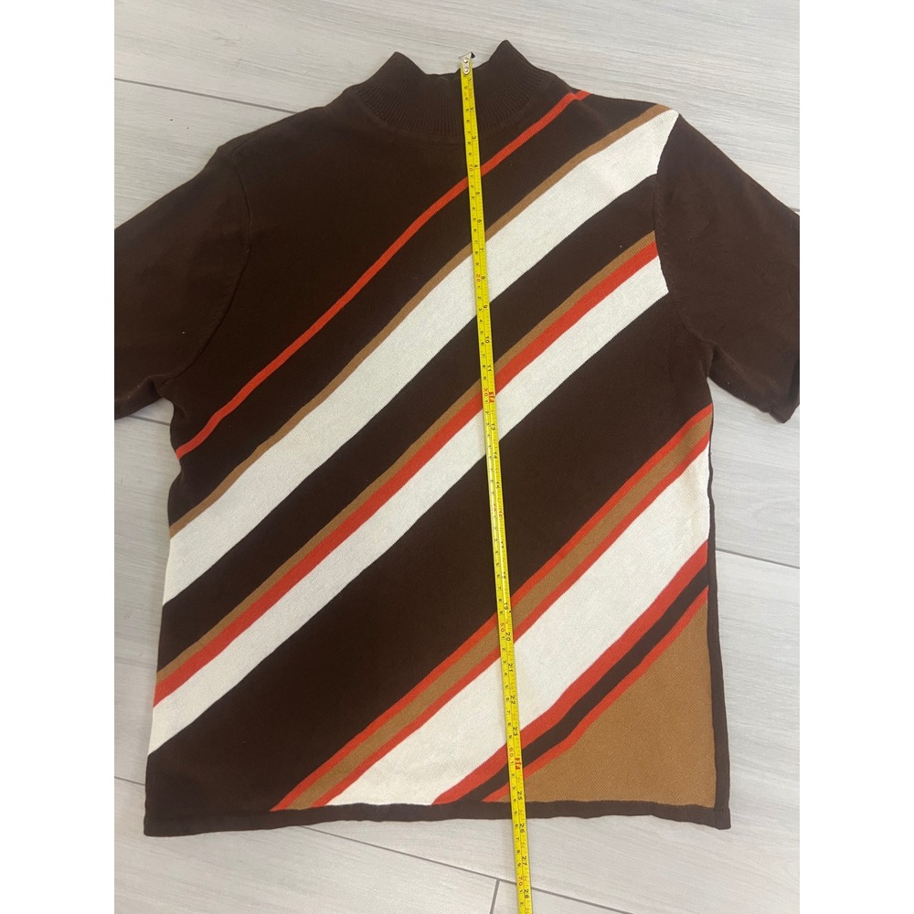 Sag Harbor Sweater Womens Sz M Mock Neck Short Sleeve Brown Stripe Retro - Picture 7 of 8